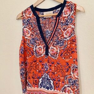 Anthropologie Orange Paisley-Print Sleeveless Tank with Navy Trim